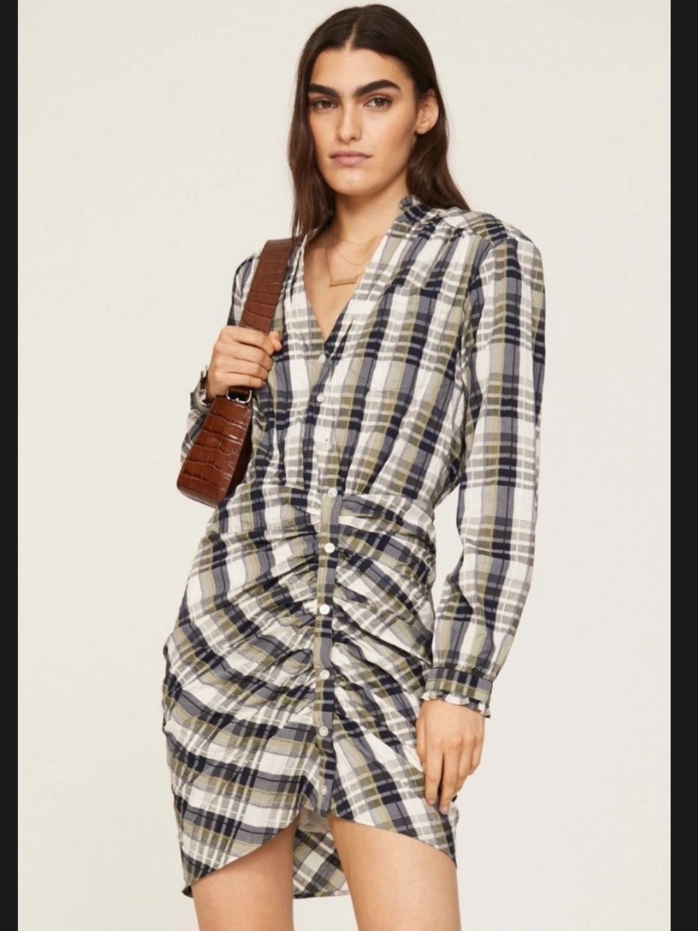 Veronica Beard Vilette Black & Cream Ruched Plaid Mini Shirtdress, size 8